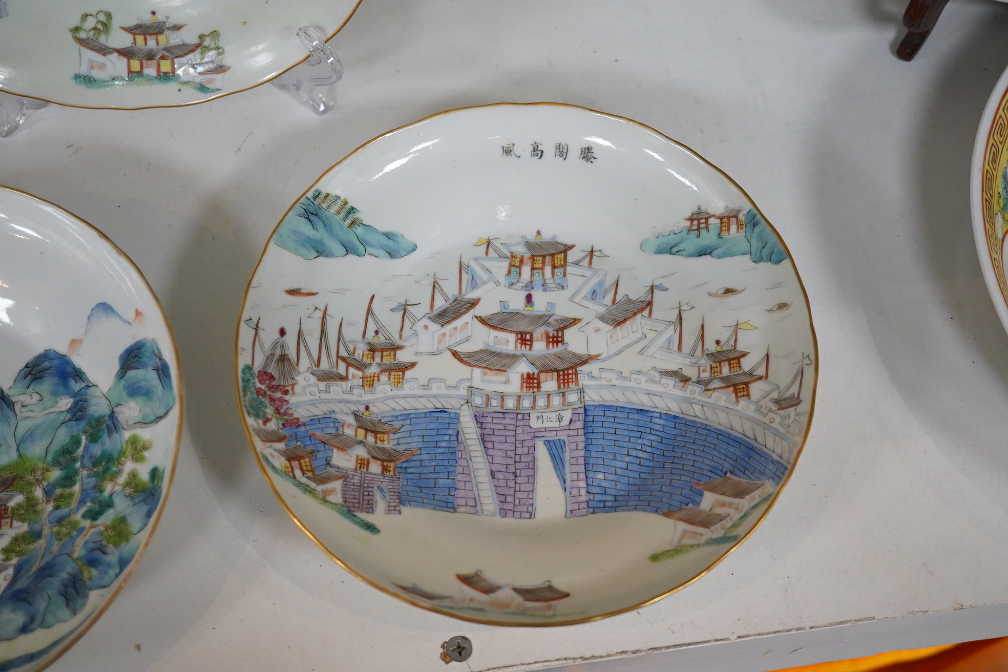 A set of five Chinese enamelled porcelain ‘pavilion’ dishes, Daoguang mark and period (1821-50)